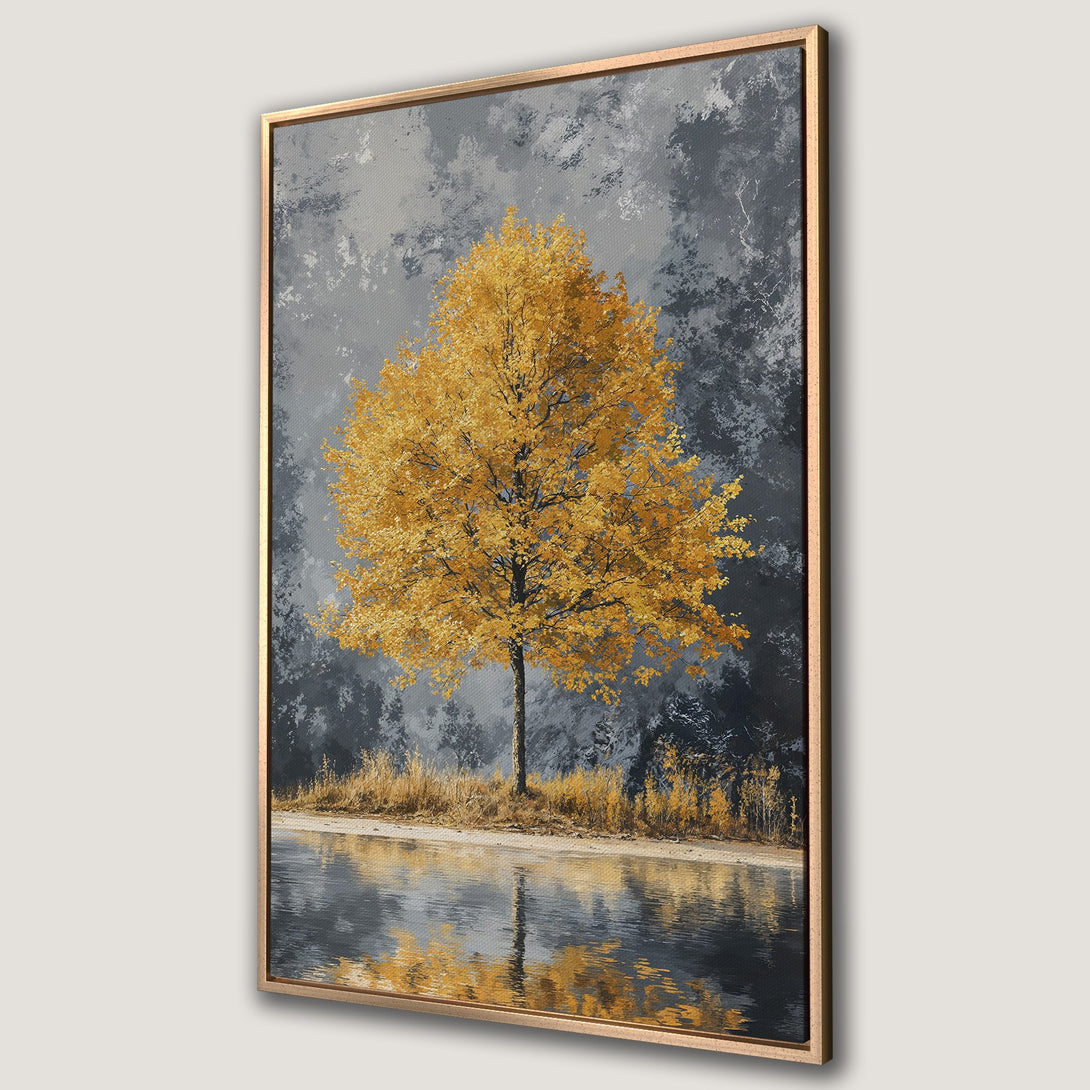 Framed Wall Art: Abstract landscape Canvas Print featuring a golden tree against a moody gray backdrop. Adds warmth and style to any space.