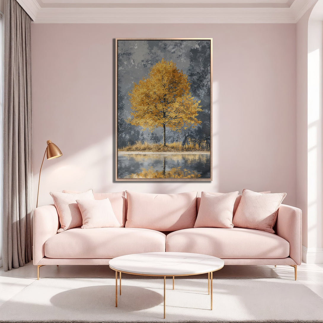 Framed Wall Art: Golden tree landscape in a modern interior. Elegant artwork with a gold, gray, and blush pink color palette. Perfect for adding a touch of nature.