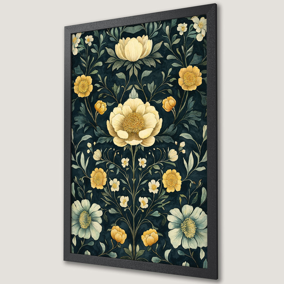 Framed Poster: Watercolor floral art print in dark teal, yellow, and cream. Perfect wall decor for any space.