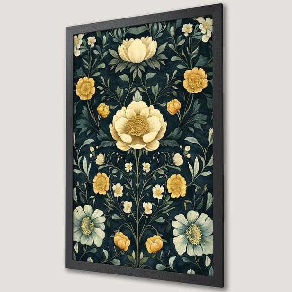Framed Poster: Watercolor floral art print in dark teal, yellow, and cream. Perfect wall decor for any space.