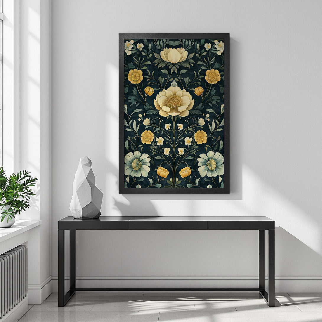 Framed Poster featuring floral design in a watercolor style with a dark teal and yellow color palette, perfect for adding elegance to your home decor.