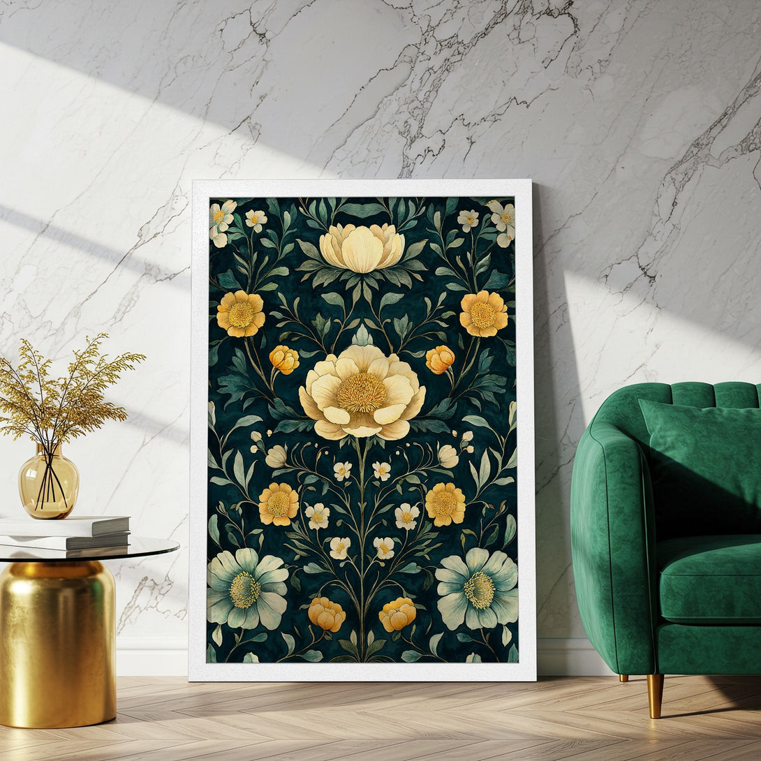 Framed Poster featuring a floral design in a botanical style with a deep teal, yellow, and green color palette. Perfect for home decor!