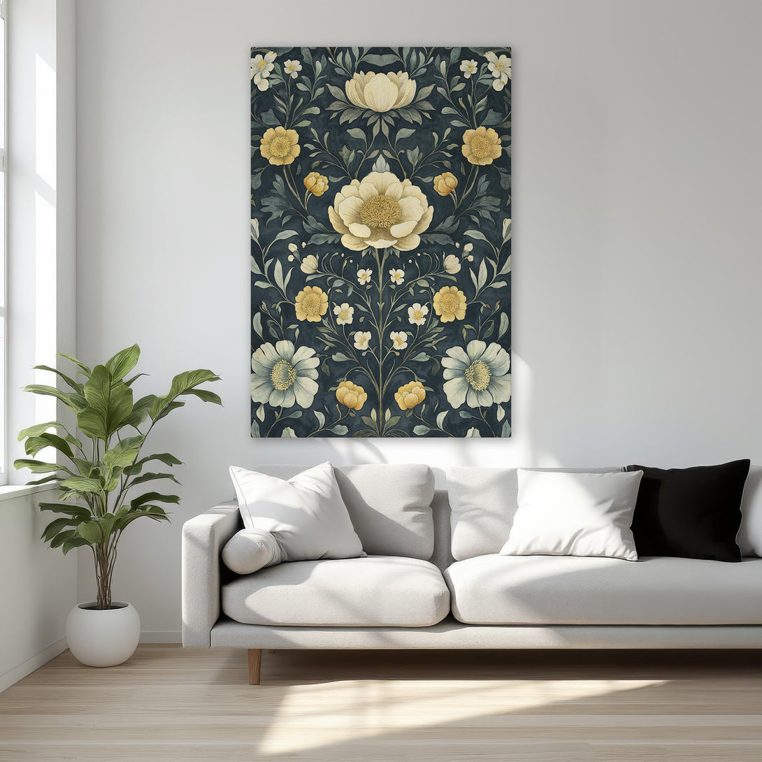 Framed Wall Art featuring a floral design in a vintage style. Dark background with yellow and white flowers, perfect for bedroom decor.