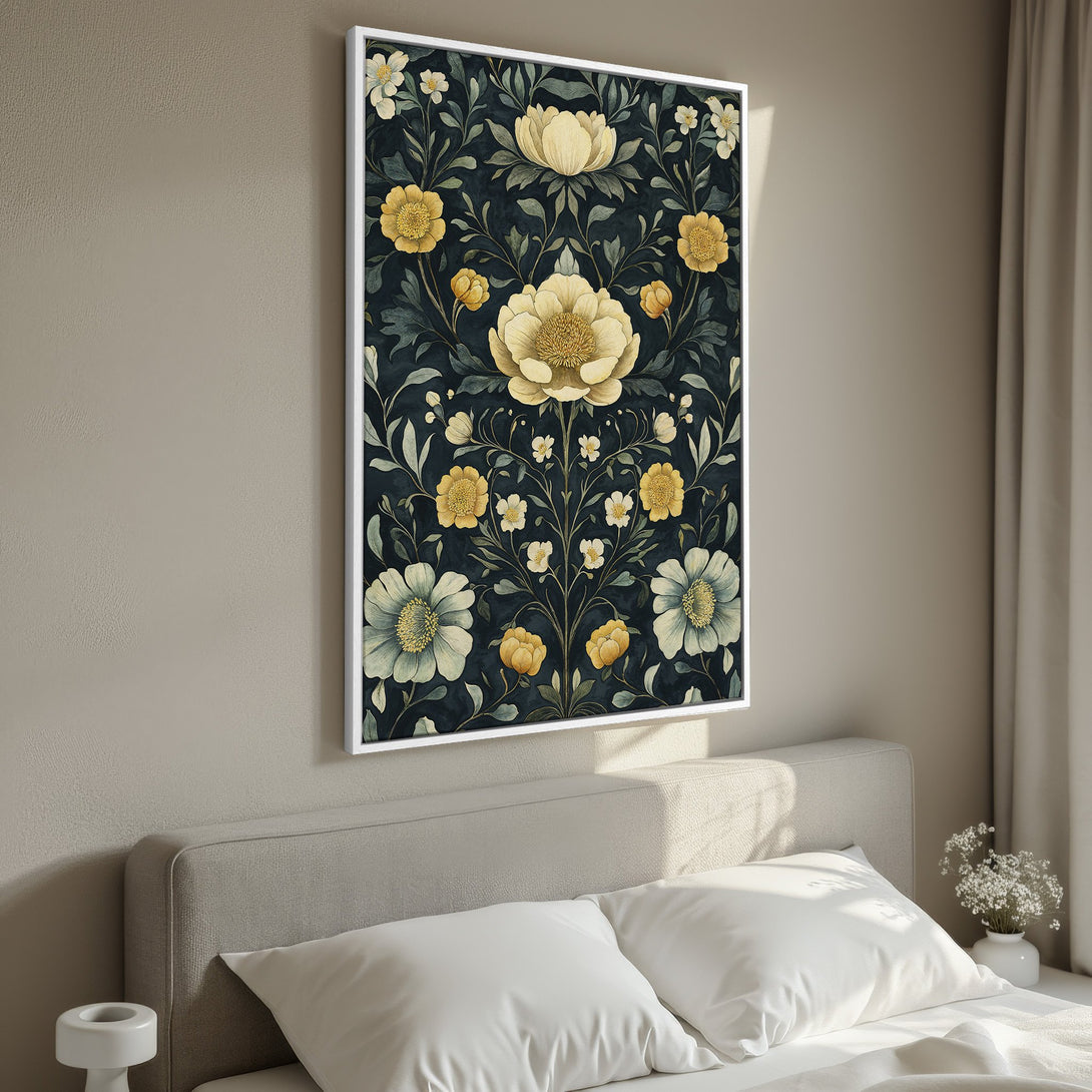 Framed Wall Art featuring a floral design in a dark green and yellow color palette, adding elegance to any bedroom.