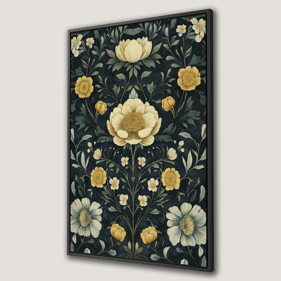 Framed Wall Art featuring a floral pattern in a vintage style. Dark teal background with yellow and cream flowers. Perfect for adding elegance to your space.