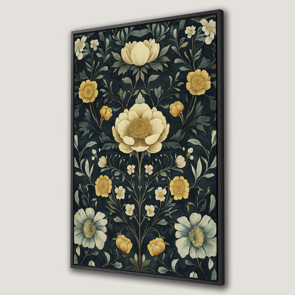 Framed Wall Art featuring a floral pattern in a vintage style. Dark teal background with yellow and cream flowers. Perfect for adding elegance to your space.