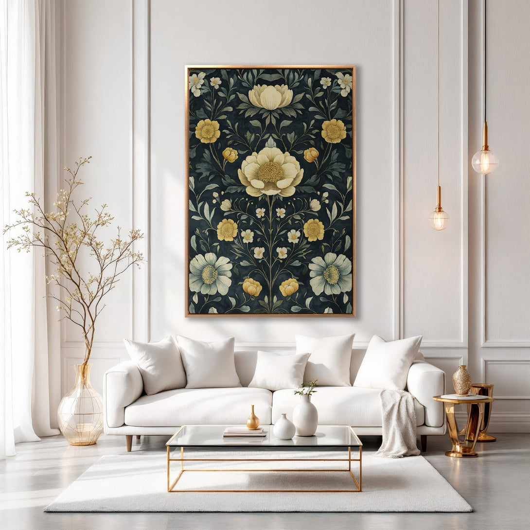 Framed Wall Art: Floral print in dark teal & yellow, displayed in a modern living room. Elegant botanical design for home decor.
