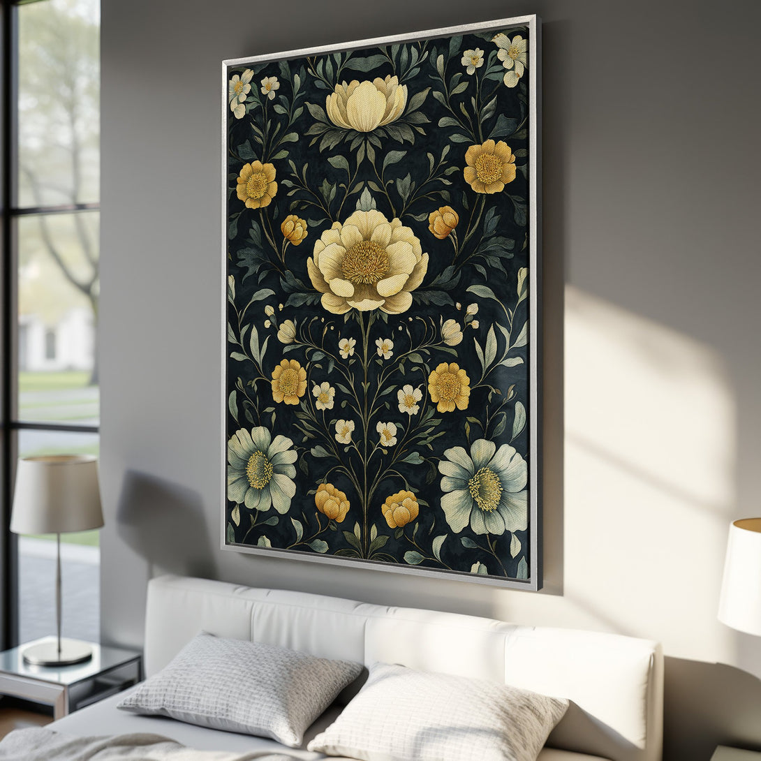Framed Wall Art featuring a floral pattern in a watercolor style with a dark background and yellow and white flowers. Perfect for bedroom decor.
