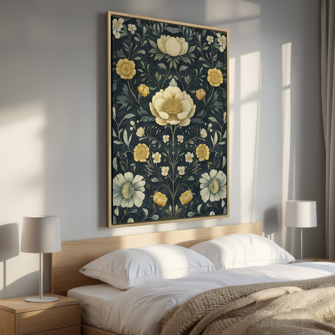 Framed Wall Art: Floral Canvas Print in a bedroom. Features a dark teal background with yellow and white flowers. Adds a touch of elegance.
