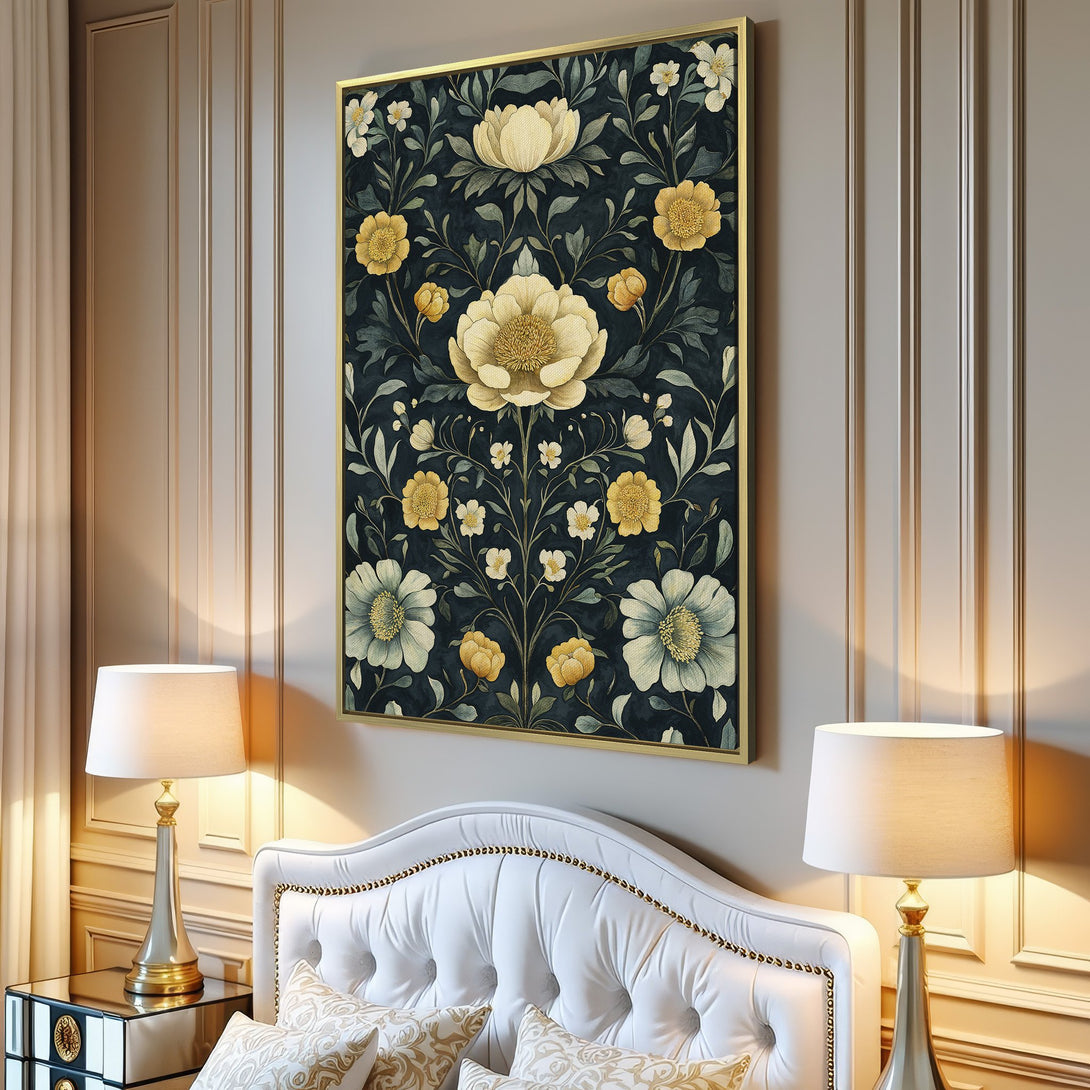 Canvas Print featuring a floral pattern in a watercolor style with a dark blue and yellow color palette, perfect for home decor.