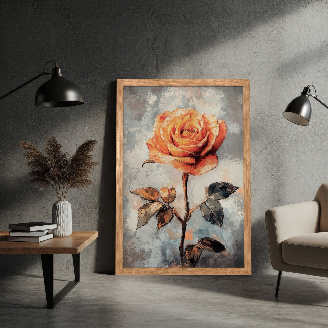 Framed Poster featuring a vibrant orange rose in an artistic style, with a neutral gray and brown color palette. Perfect wall art!