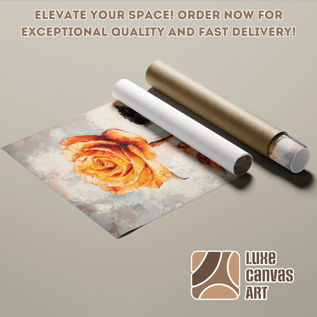 Poster Roll with a vibrant rose painting, abstract style, warm orange and gray color palette. Elevate your space!