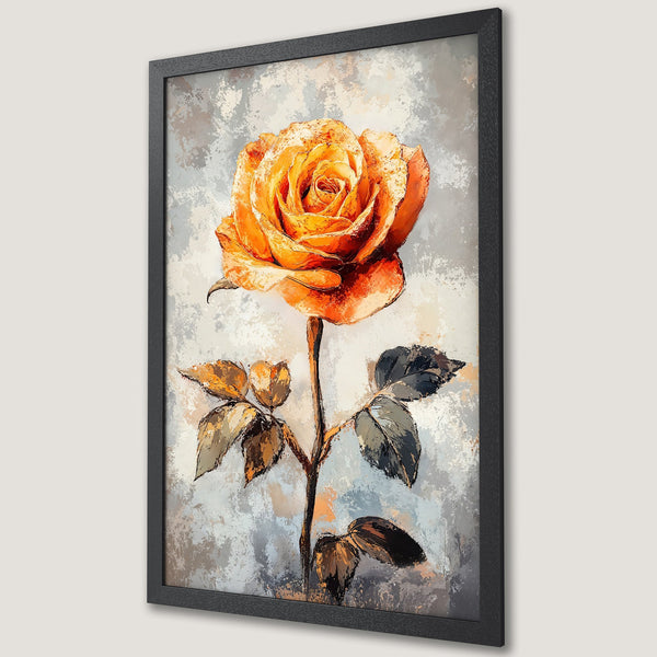 Framed Poster featuring a vibrant orange rose in an impressionistic style. Beautiful floral art with a warm, earthy color palette. Perfect wall decor!