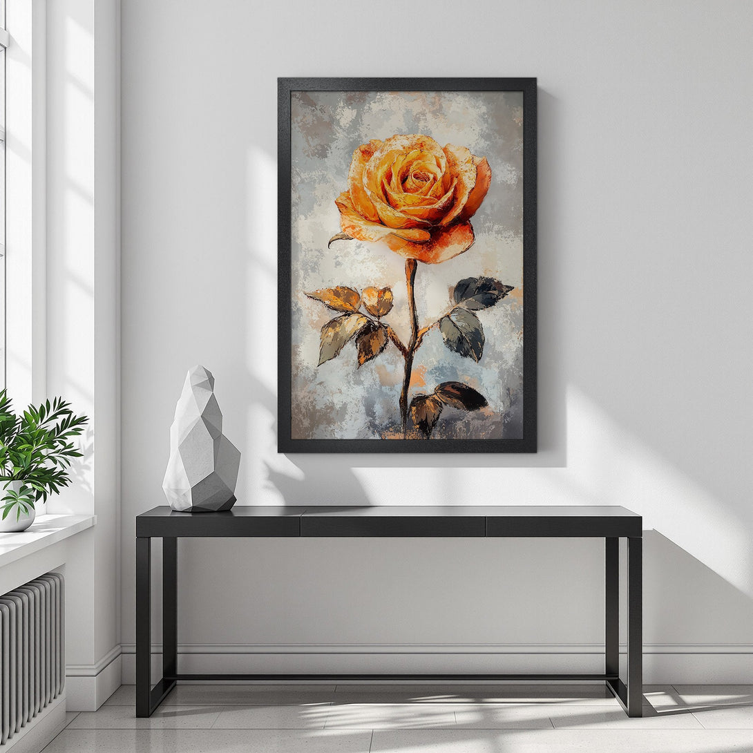 Framed Poster of a vibrant yellow rose. Artistic style with a warm, earthy color palette. Perfect wall art for any space!