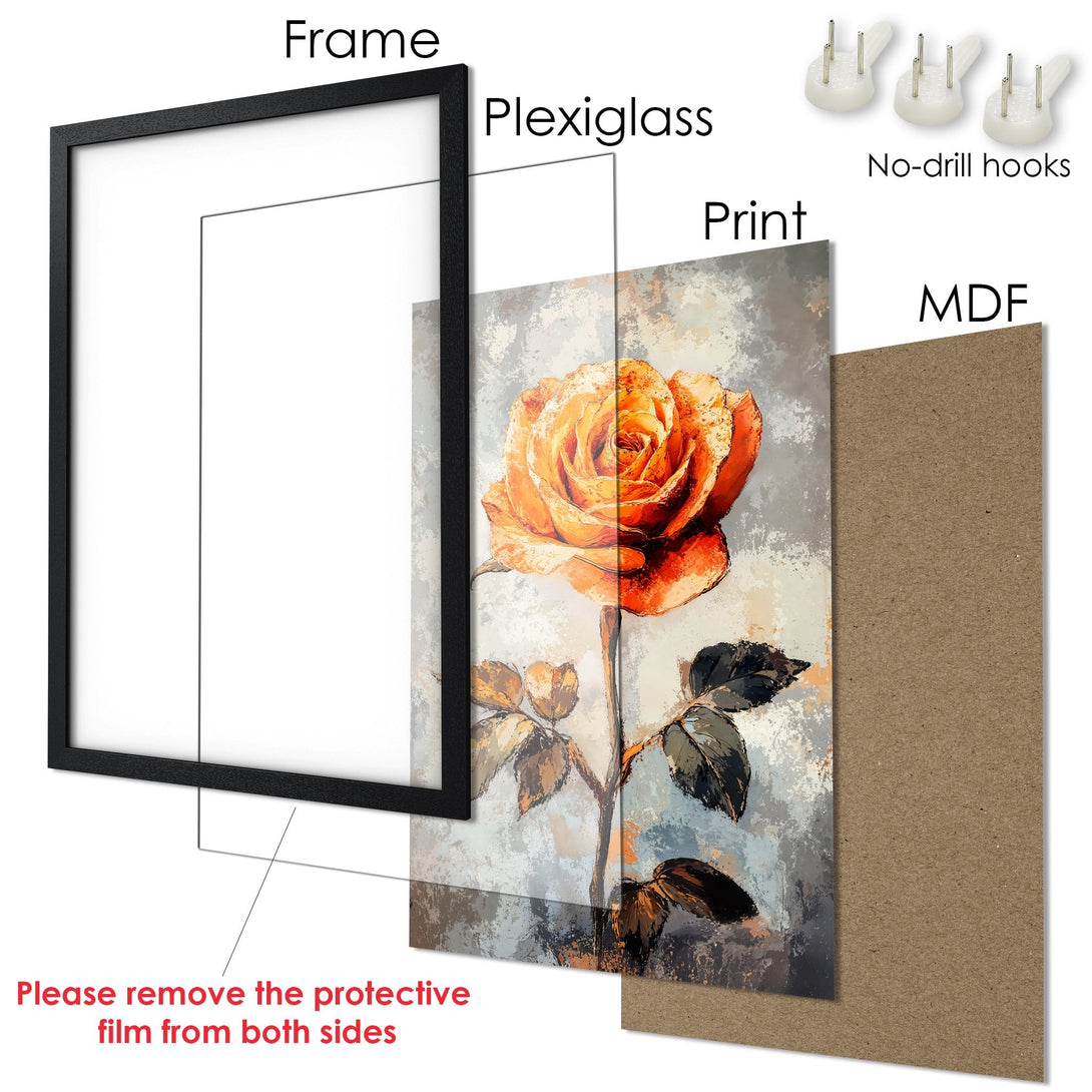 Framed Poster featuring an orange rose painting in an impressionistic style, with a neutral color palette.
