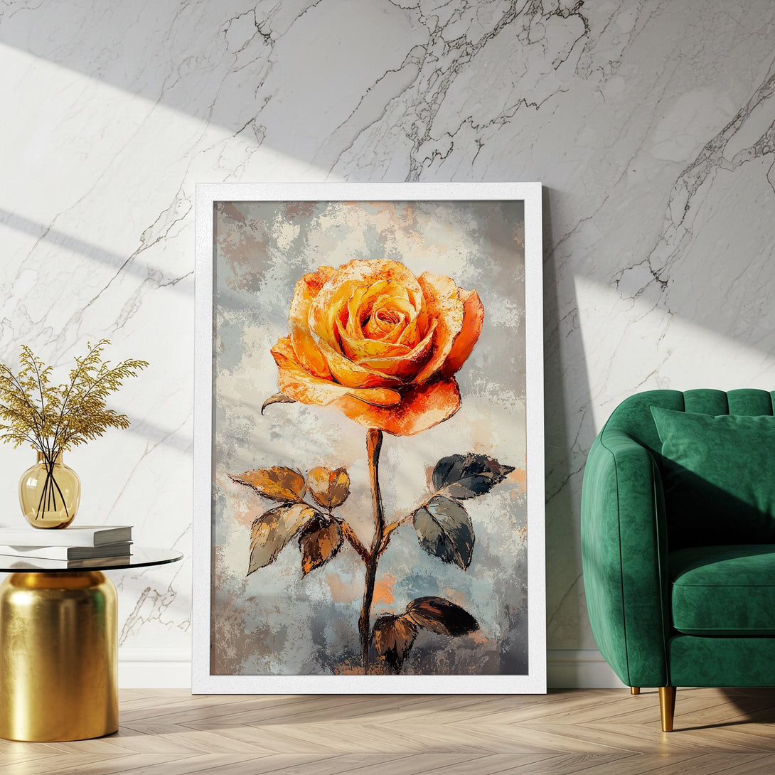 Framed Poster of an orange rose in an impressionist style, with a warm, inviting color palette. Perfect wall art!