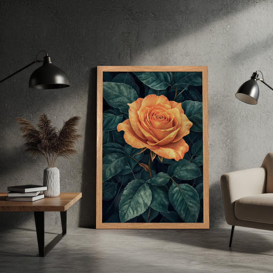 Framed Poster featuring a vibrant orange rose against dark green foliage. Botanical art style with warm, earthy tones. Perfect wall decor.