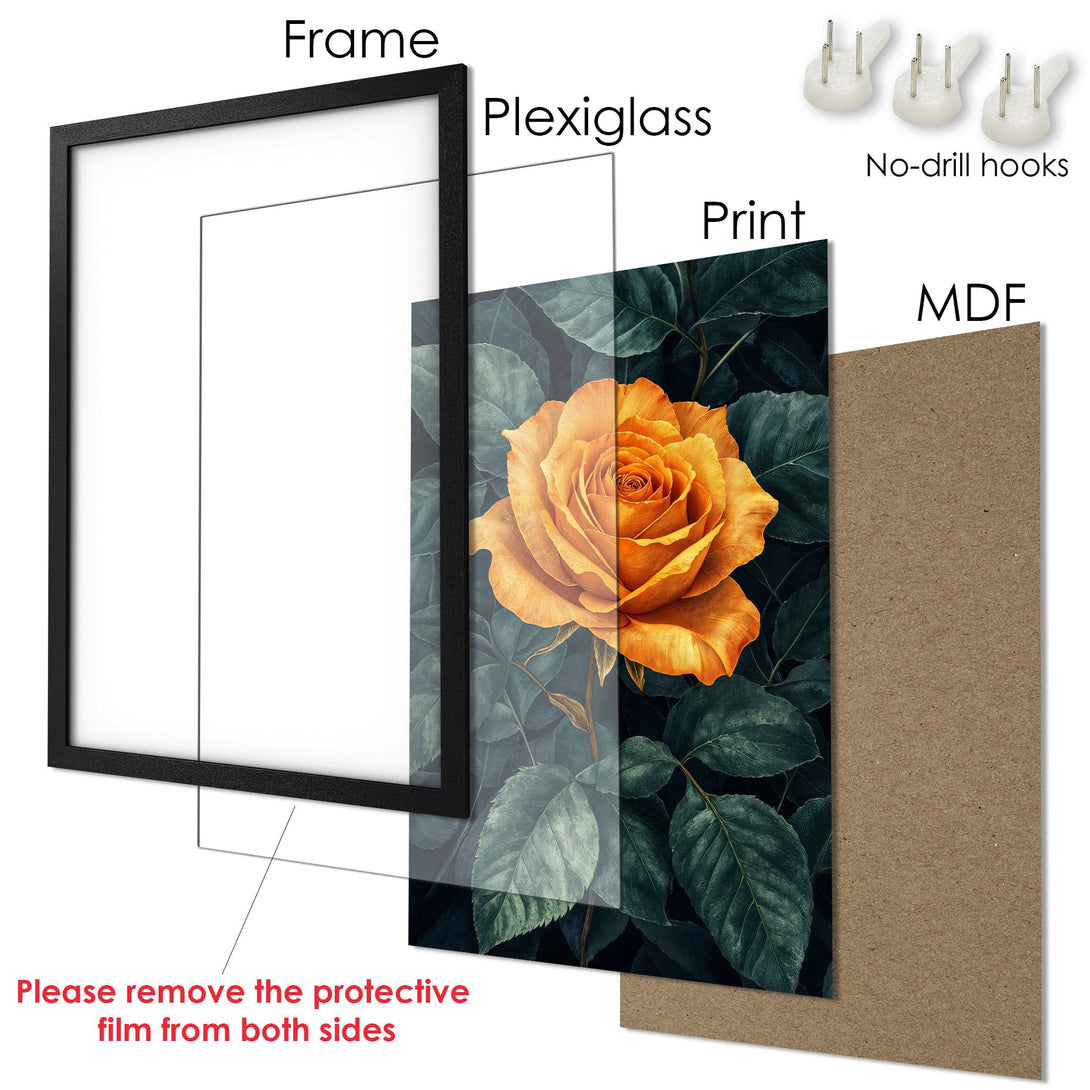 Framed Poster featuring a vibrant orange rose on a dark green background. Botanical art style, warm color palette. Ready to hang!