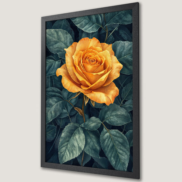 Framed Poster featuring a vibrant orange rose with green leaves, botanical art style, and a moody color palette. Perfect wall decor!
