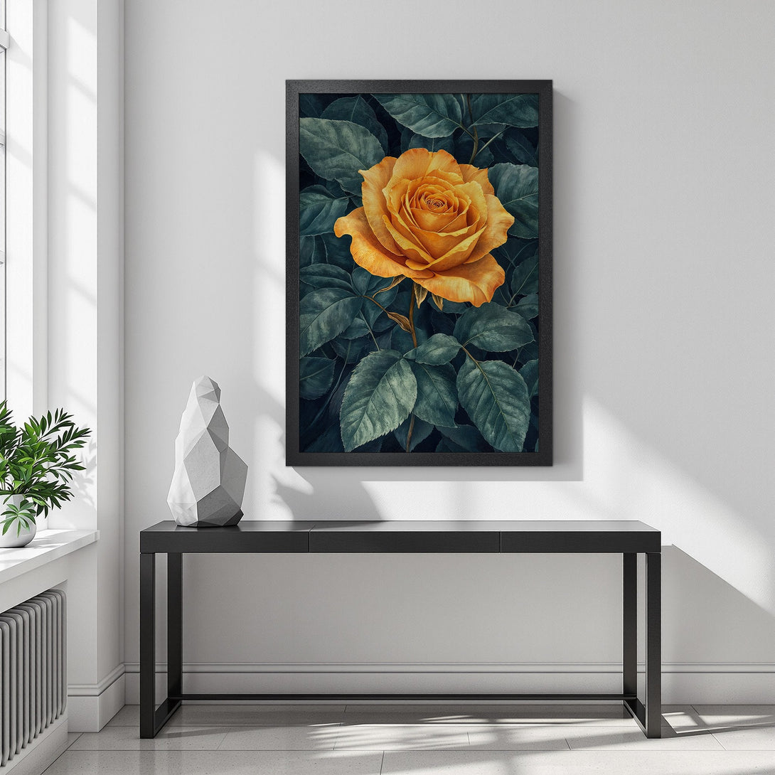 Framed Poster featuring a vibrant yellow rose against a dark green background. Elegant floral art with a modern style and warm color palette.