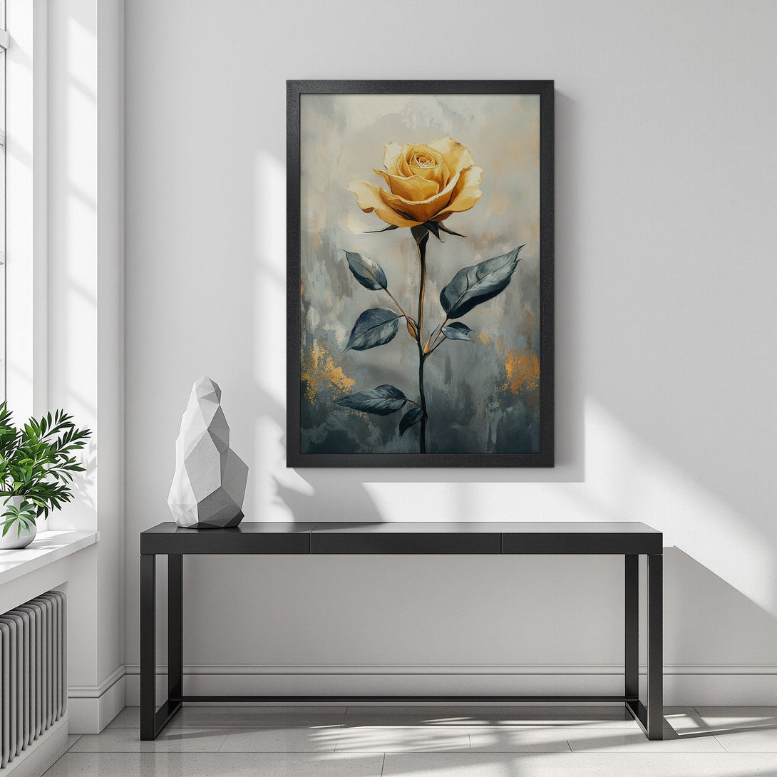 Framed Poster featuring a beautiful yellow rose art print. Elegant botanical style with a muted gray, gold, and yellow color palette. Perfect wall decor!