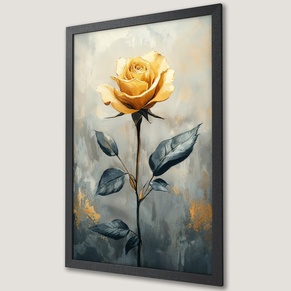 Framed Poster featuring a yellow rose in an artistic style with a gray, gold, and blue color palette. Perfect wall art!