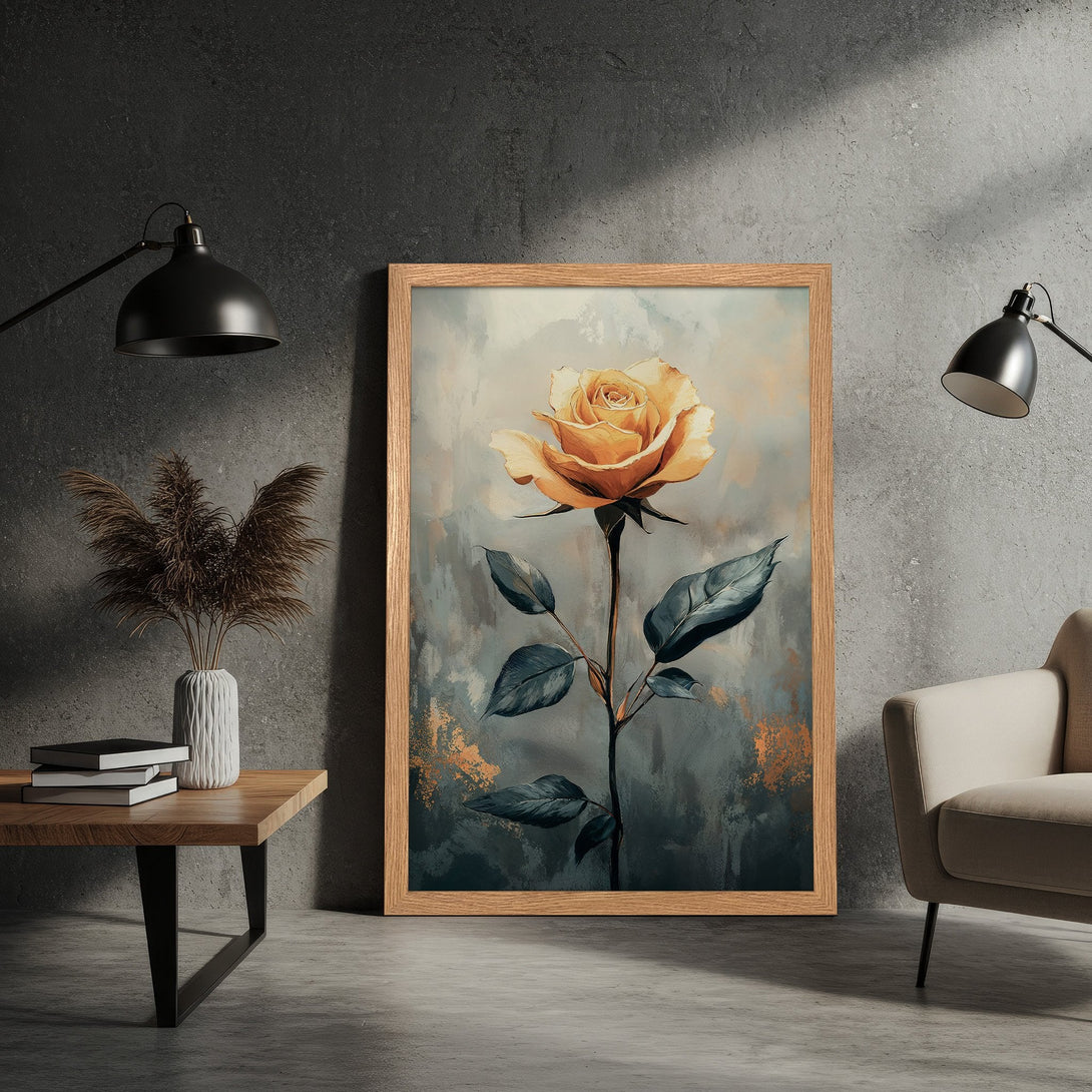 Framed Poster featuring a yellow rose painting with a muted, artistic style and a soft, neutral color palette. Perfect wall art!