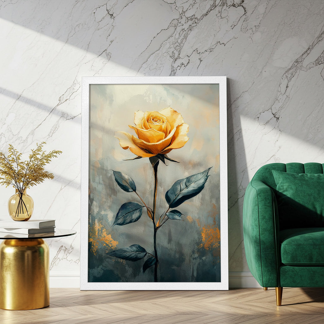Framed Poster of a yellow rose in an artistic style. Soft, muted color palette with gold accents. Perfect wall art for any room.
