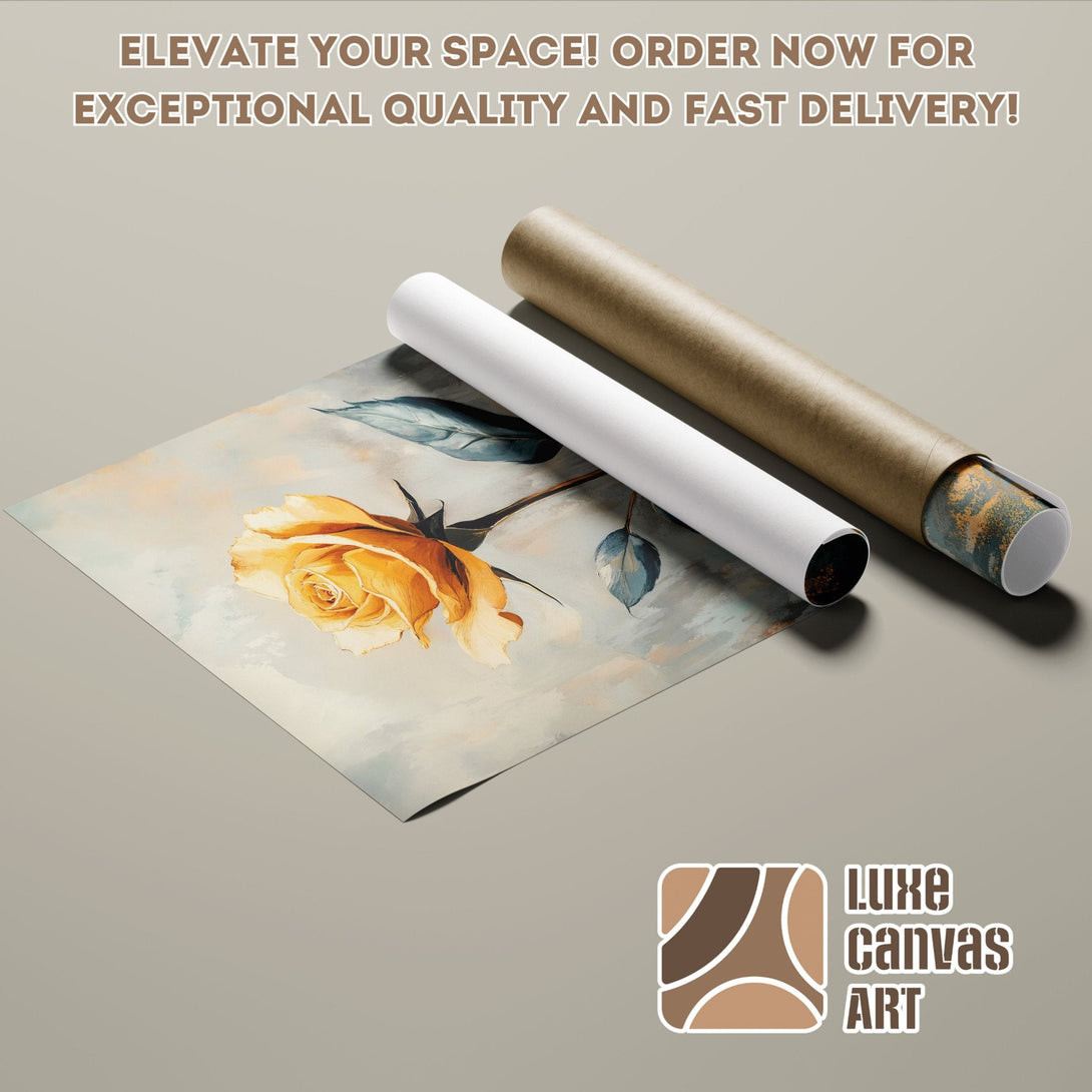Poster Roll featuring a yellow rose art print. Soft, neutral color palette for elegant wall decor.