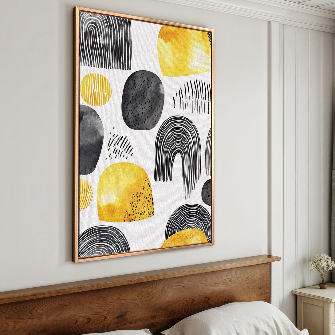 Framed Wall Art: Abstract art print with yellow, black, and white shapes. Modern decor for bedrooms and living spaces. Shop canvas prints now!
