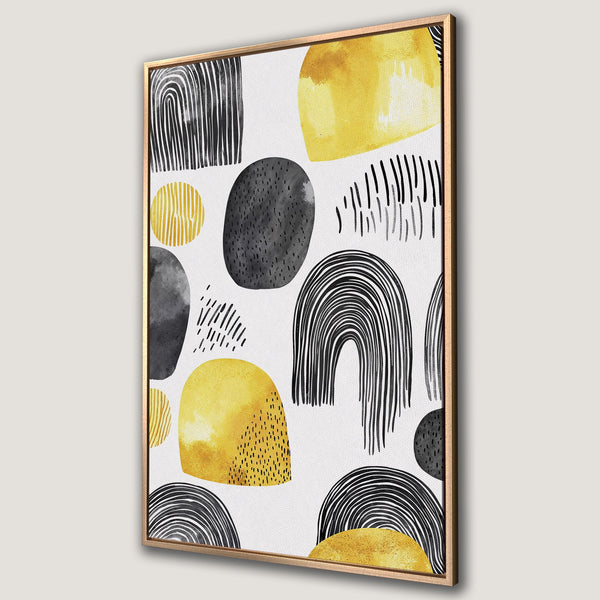 Framed Wall Art: Abstract geometric art in yellow, black, and white. Modern Canvas Print with a minimalist style perfect for any room.