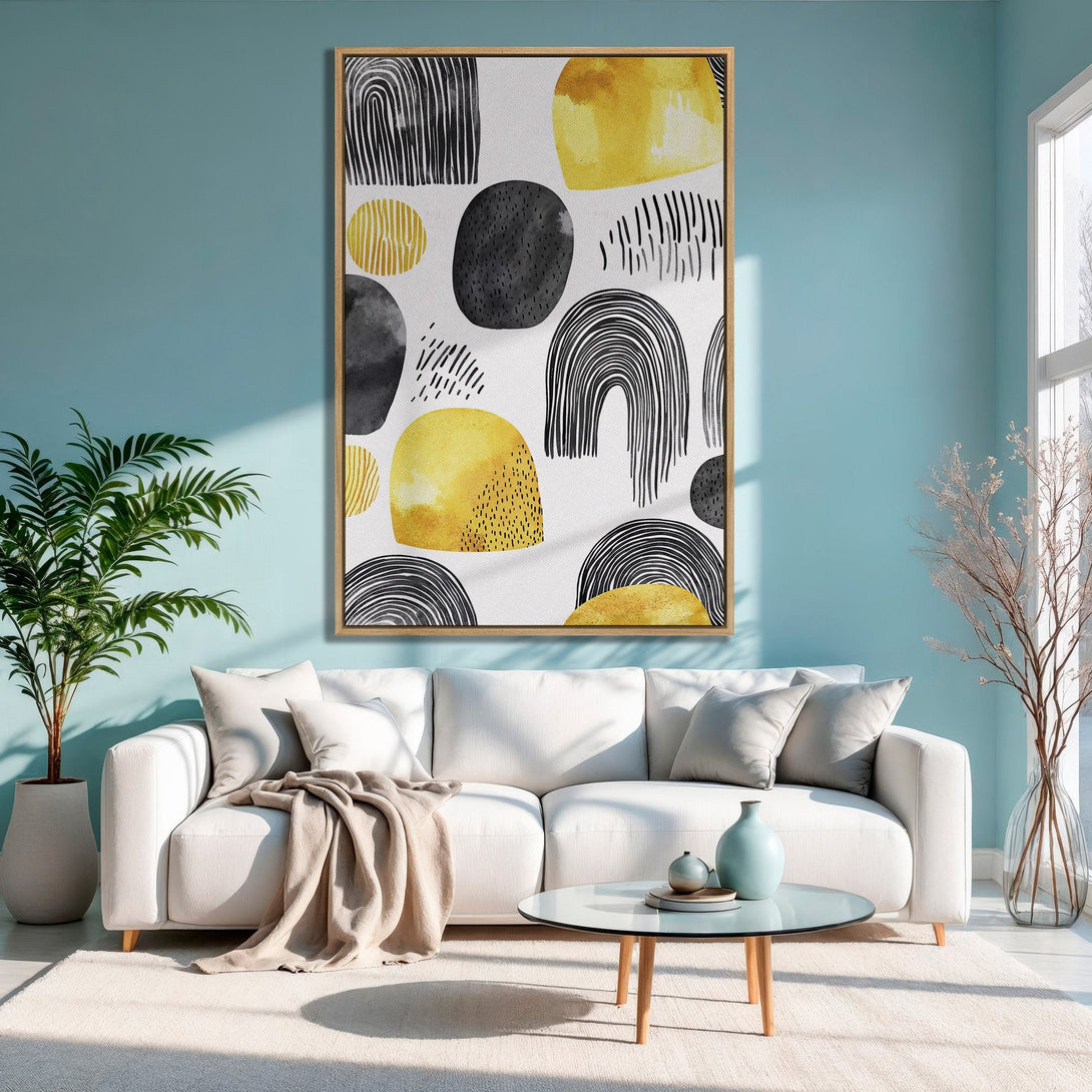 Framed Wall Art: Abstract canvas print with black, yellow, and white shapes. Modern art for living room decor. Adds a pop of color!