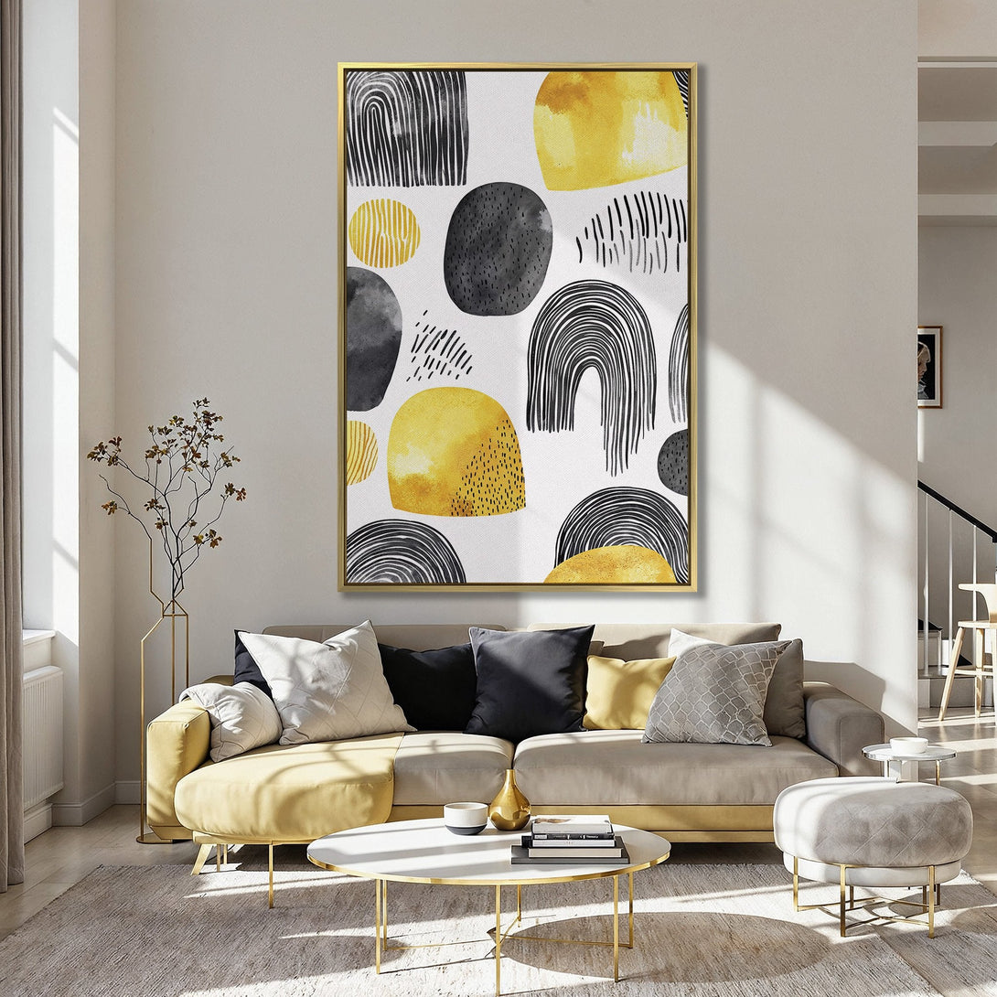 Abstract Canvas Print art with black, yellow, and gray shapes in a modern kitchen. Adds a pop of color and style to any room!