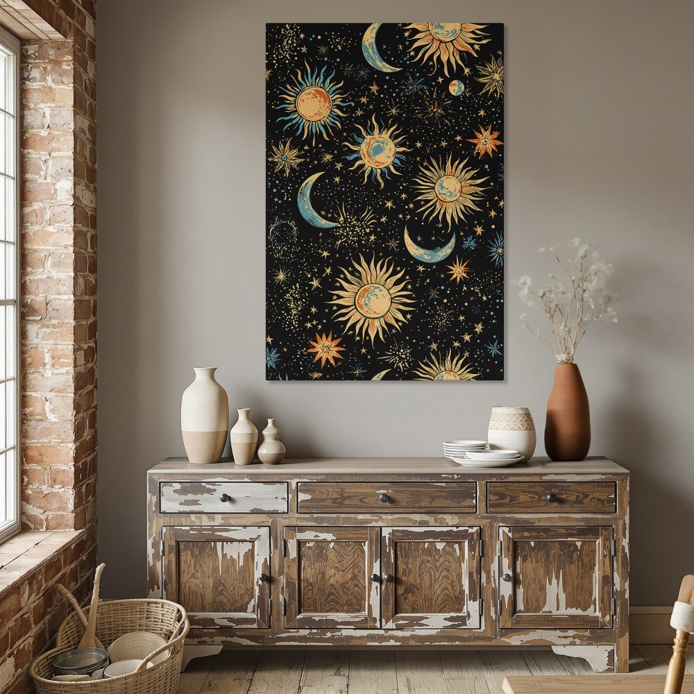 Framed Wall Art: Celestial sun and moon design in a black, gold, and teal color palette. Perfect for adding a touch of bohemian style to your home.