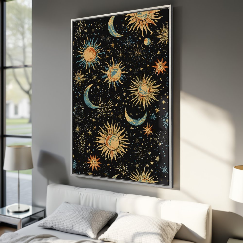 Framed Wall Art: Celestial sun and moon design in a vintage style. Black background with gold, blue, and orange color palette. Perfect for any room.