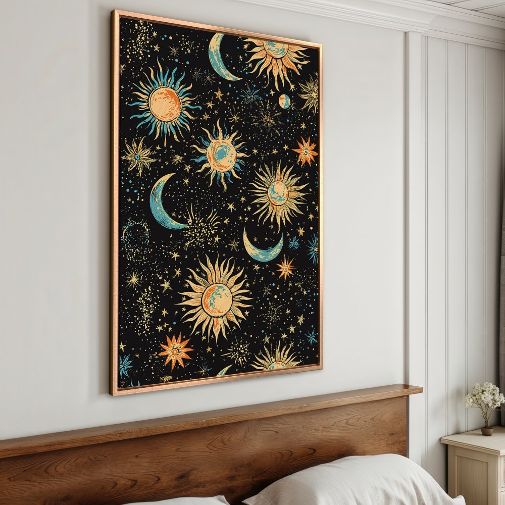 Framed Wall Art featuring a celestial design with suns, moons, and stars on a black background. Boho style with a warm color palette.