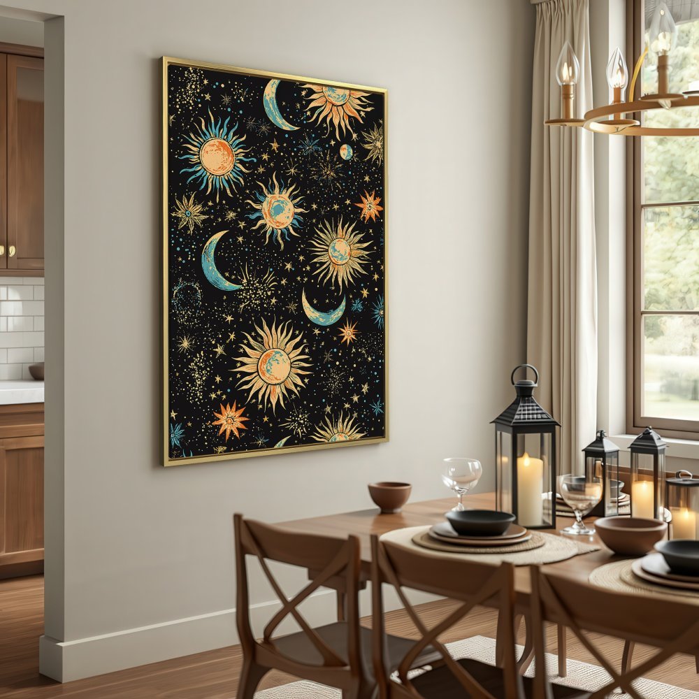 Celestial Canvas Print featuring suns, moons, and stars on a black background. Bohemian style, warm color palette.