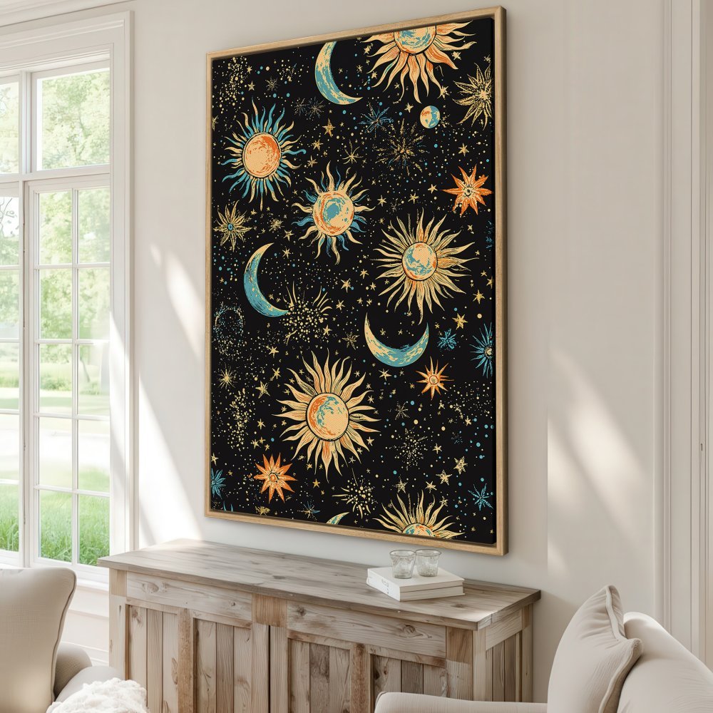 Framed Wall Art featuring a celestial sun and moon pattern in a vintage style. Black background with gold, teal, and orange accents. Perfect for any space!