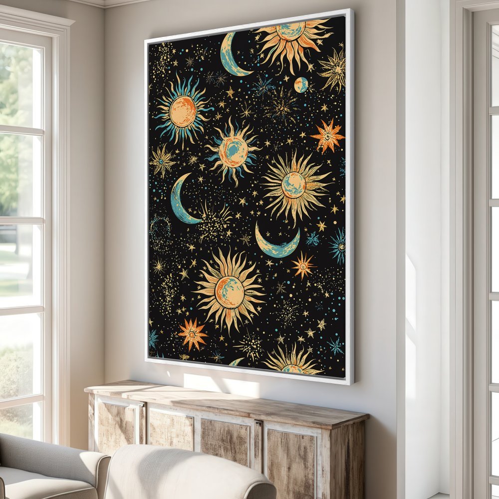 Framed Wall Art featuring a celestial sun and moon design in a vintage style. Perfect for adding a touch of cosmic charm to your home decor.