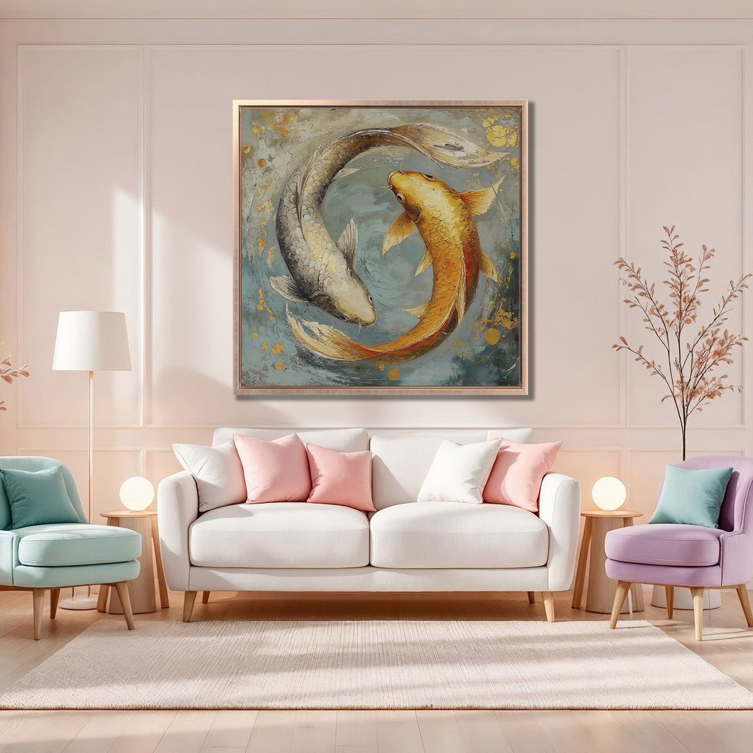 Framed Wall Art: Koi fish painting in a modern style, featuring a teal, gold, and neutral color palette. Perfect for adding elegance to your living room.