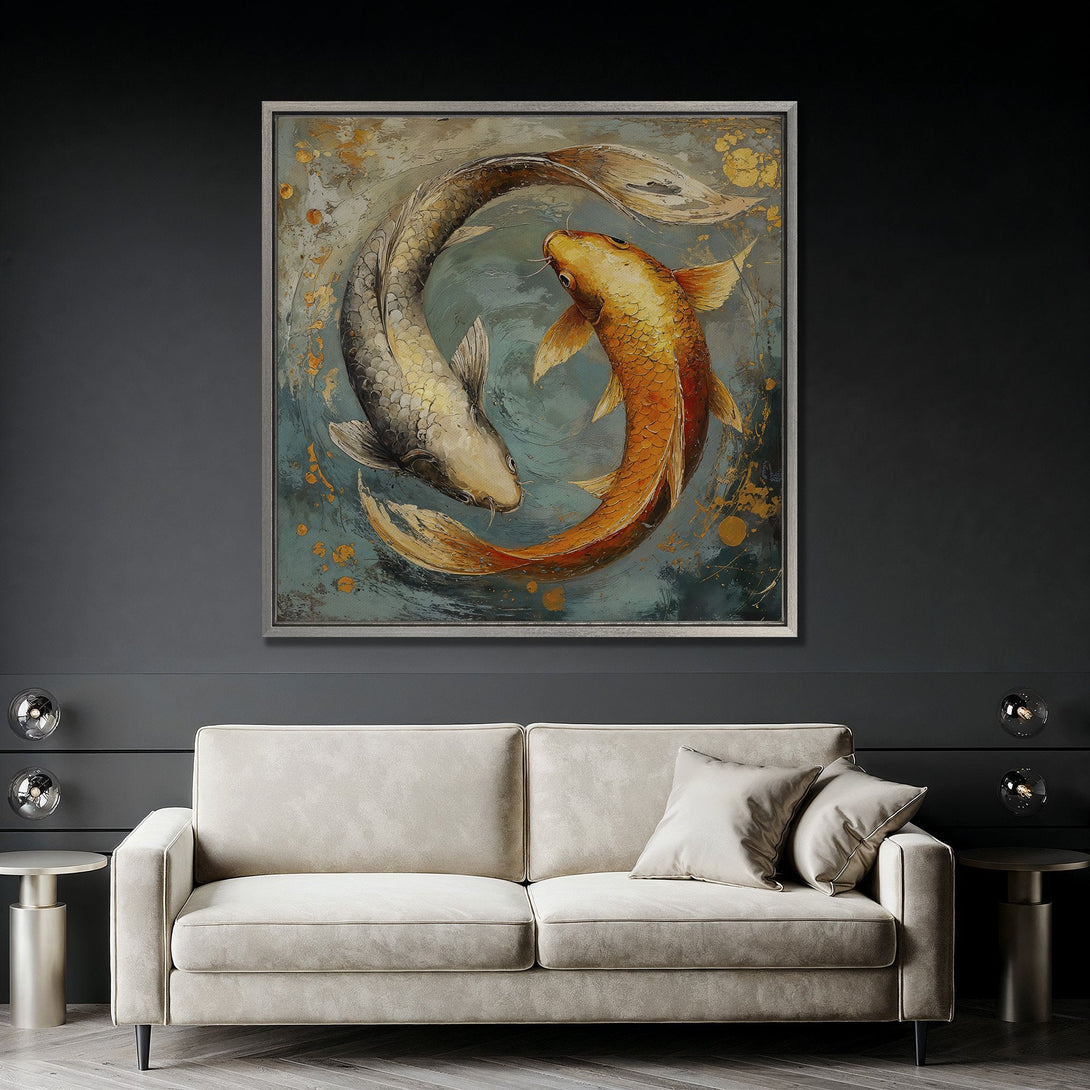 Framed Wall Art: Koi fish painting in teal, gold, and gray. Modern abstract style, perfect for living room decor. Add serenity to your space!