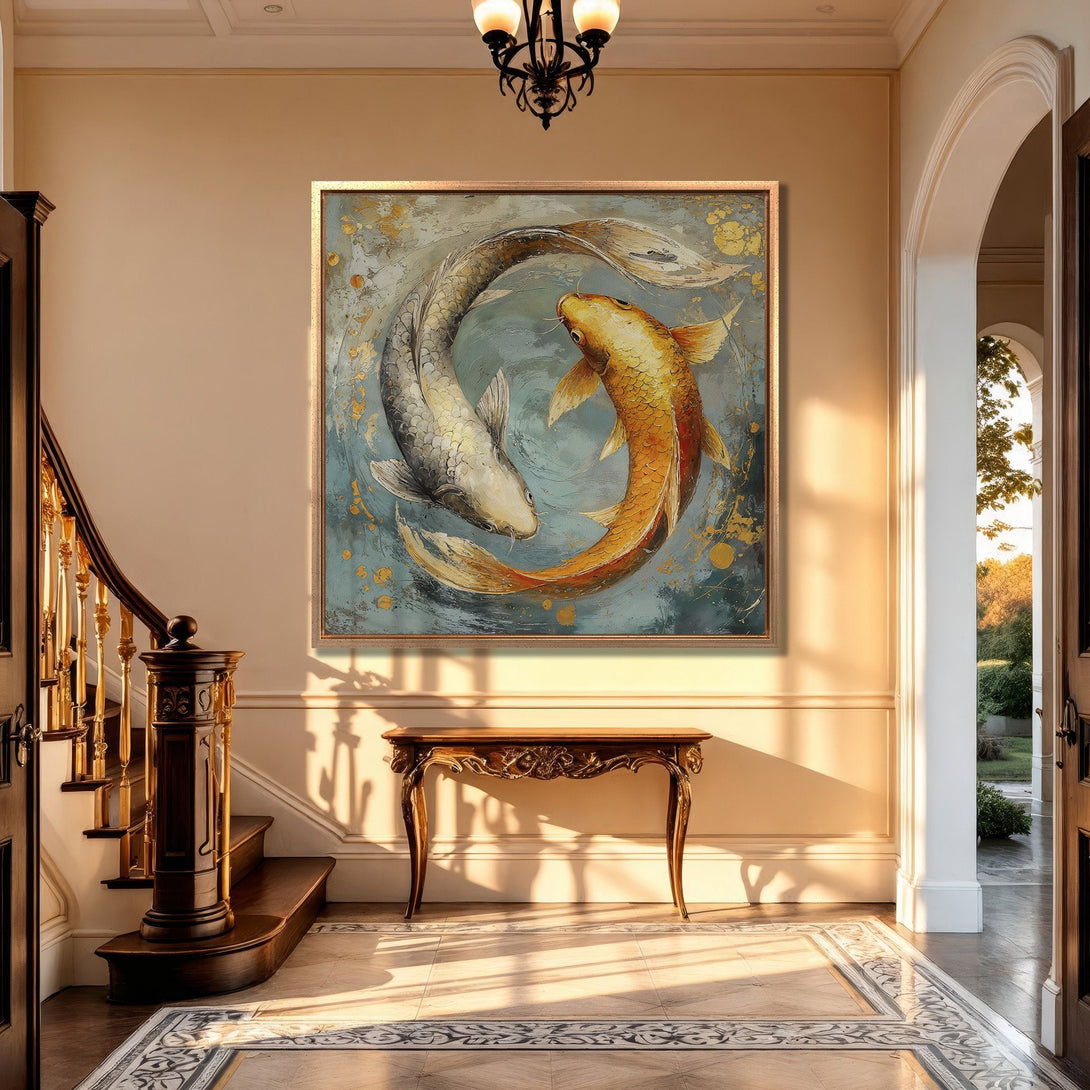 Framed Wall Art: Koi fish painting in a luxury interior. Modern abstract style with gold, teal, and neutral tones. Elevate your home decor with this stunning artwork.