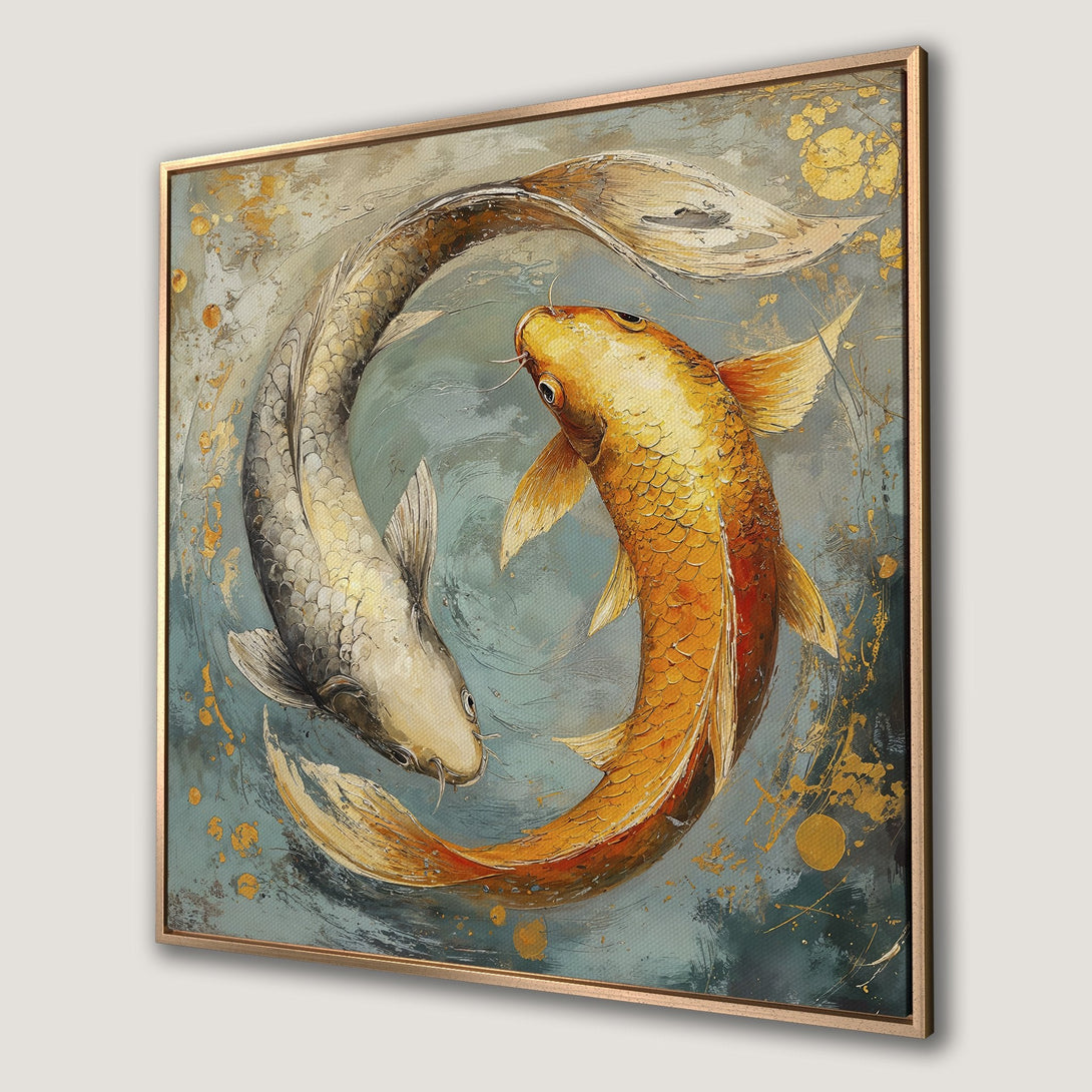 Framed Wall Art featuring koi fish in a yin yang design. Oil painting style with a blue, gold, and neutral color palette. Perfect for home decor.