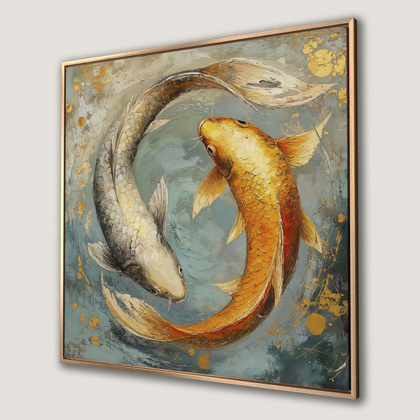 Framed Wall Art featuring koi fish in a yin yang design. Oil painting style with a blue, gold, and neutral color palette. Perfect for home decor.
