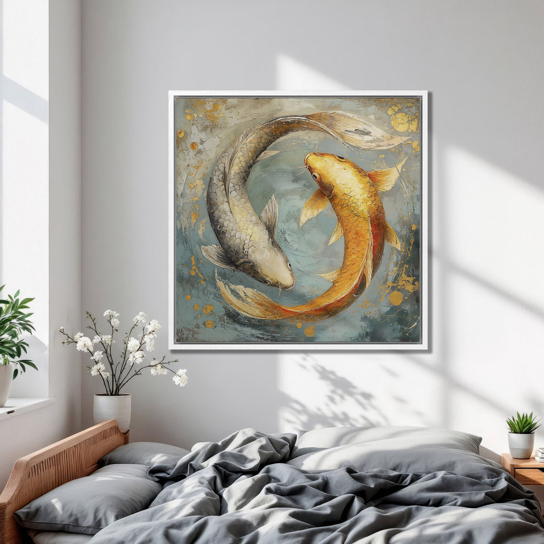 Framed Wall Art: Koi fish painting in teal, gold, and gray. Modern abstract style canvas print adds serene decor to any space.