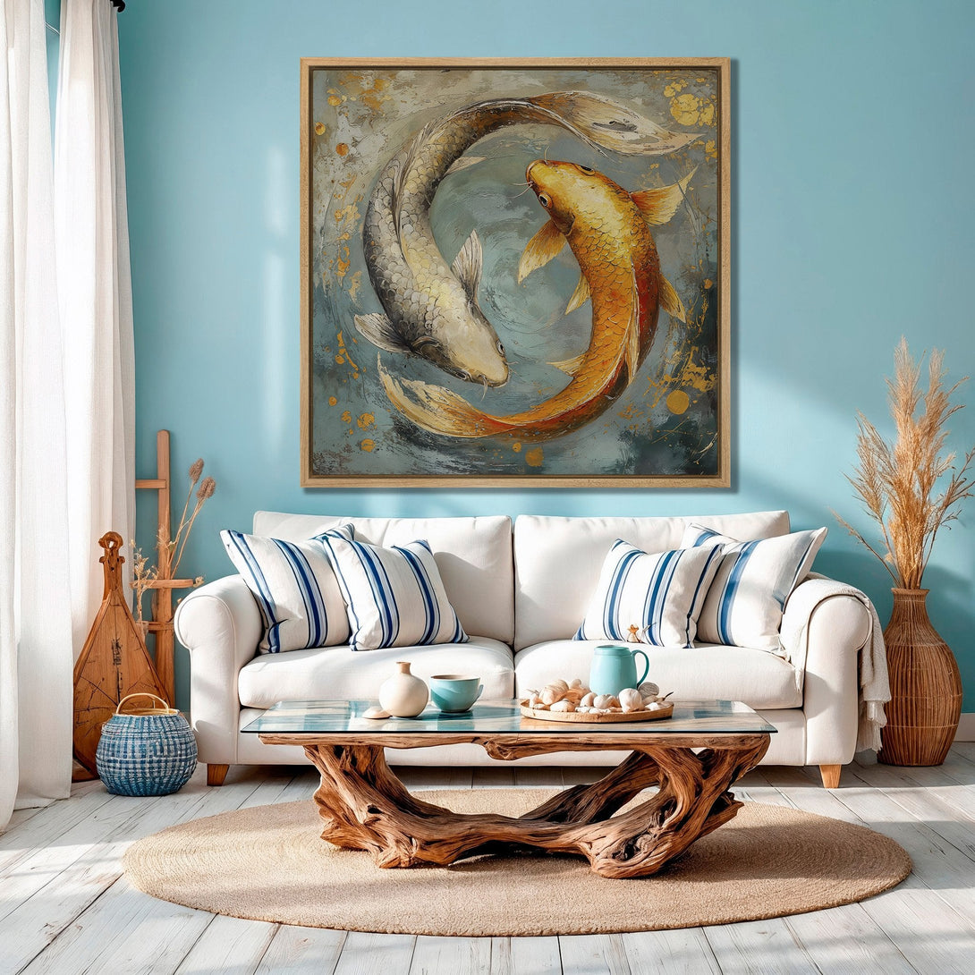 Framed Wall Art: Koi fish painting in a coastal living room. Features a serene blue, gold, and gray color palette. Perfect for adding zen to your space.