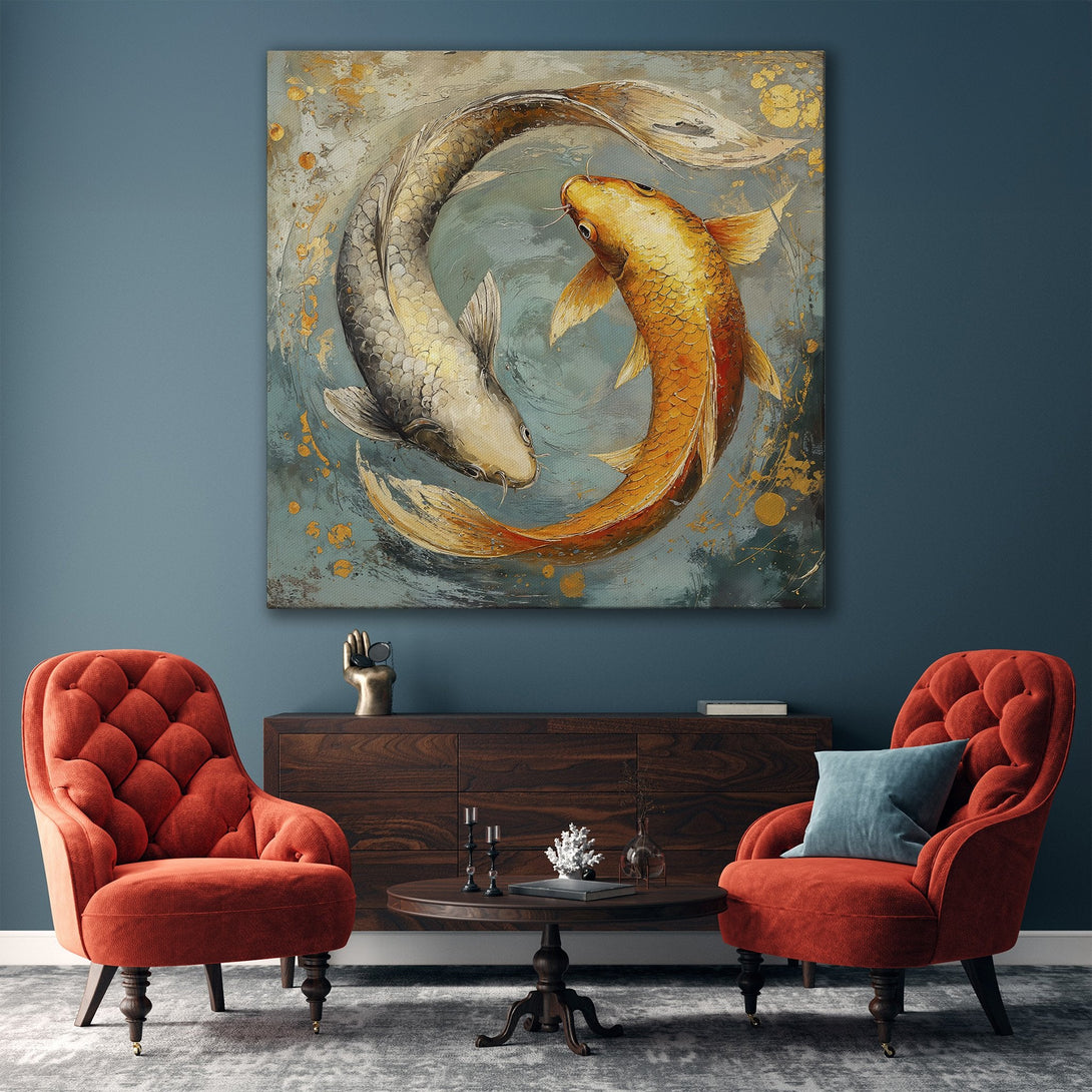 Framed Wall Art: Koi fish painting in gold frame. Modern abstract style with teal, gold, and orange color palette. Perfect for living room decor.