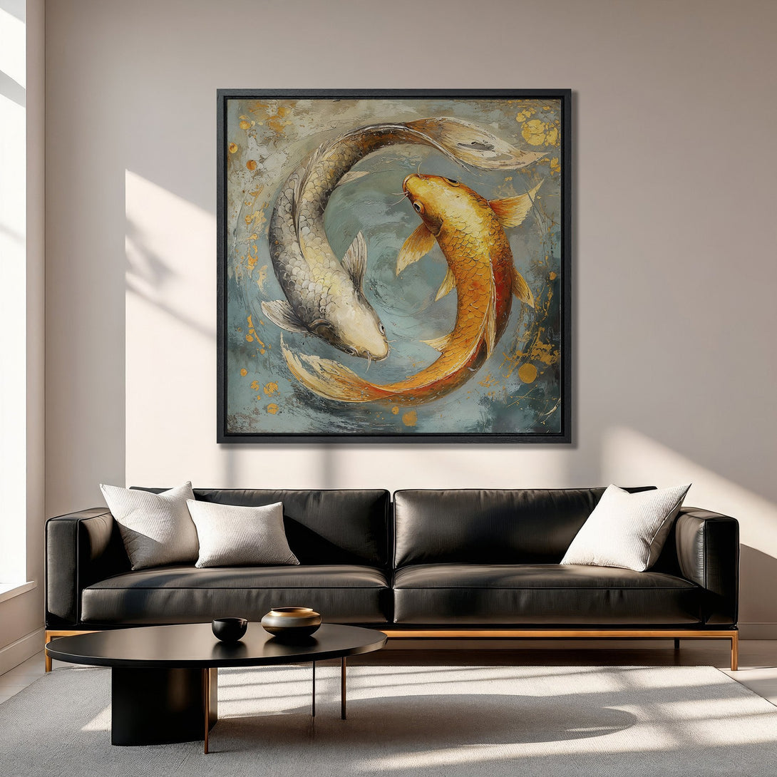 Framed Wall Art: Koi fish painting in teal, gold, and neutral tones. Modern abstract art for living room decor. Enhance your space with this unique canvas print.