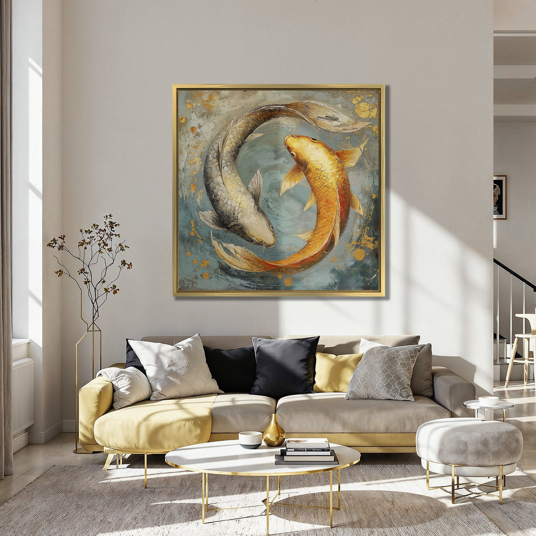 Canvas Print of koi fish in a modern style with a teal, gold, and orange color palette. Perfect wall art for any room.