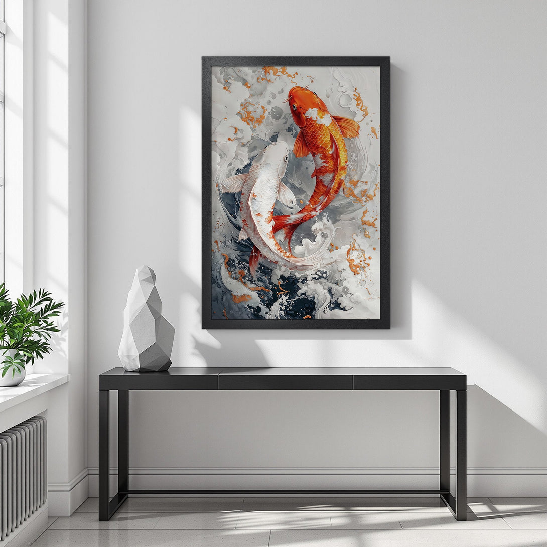 Framed Poster featuring koi fish art in watercolor style, with orange, white, and gray tones. Perfect wall decor!